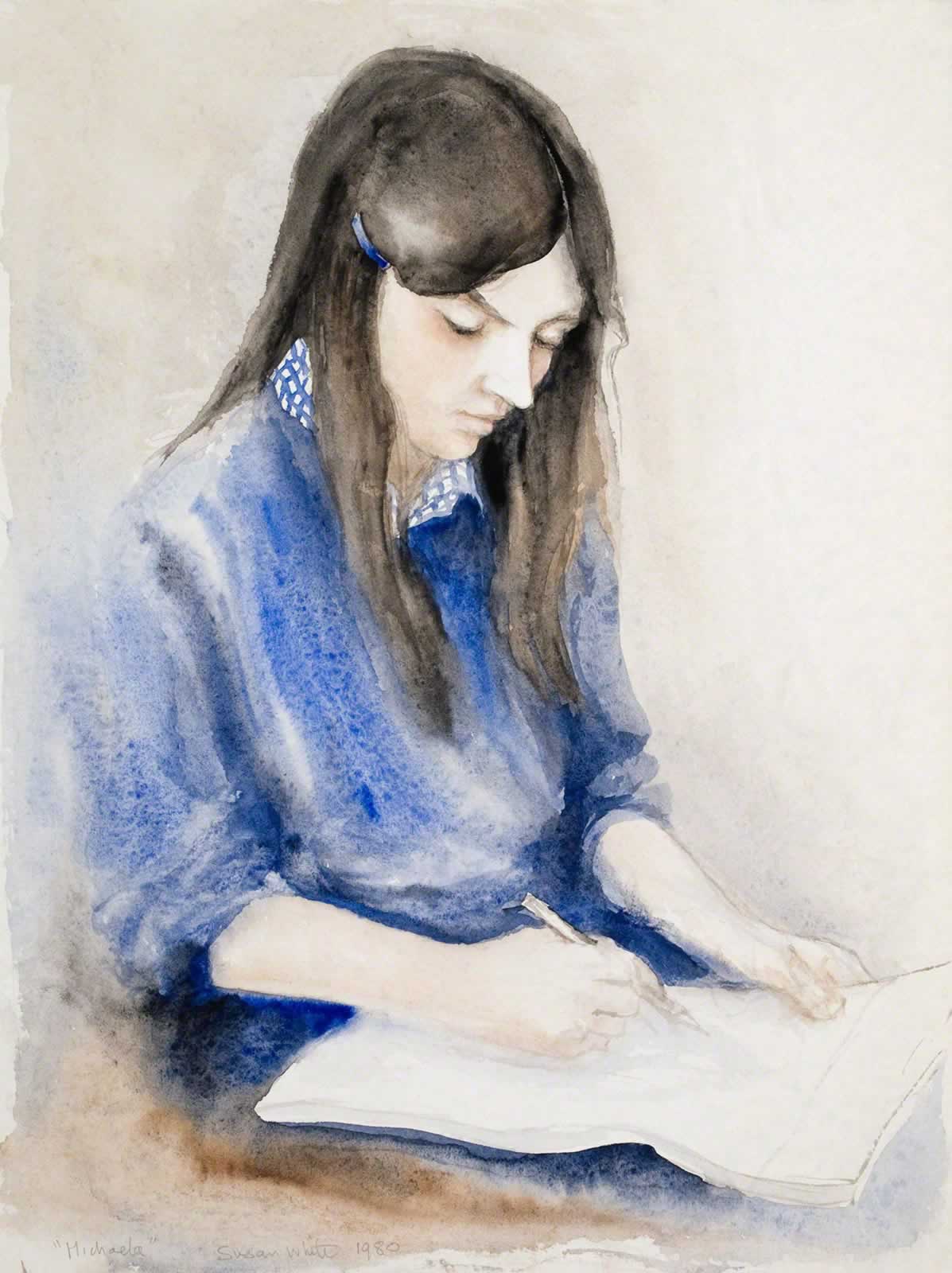Michaela Drawing, in Ultramarine Sloppy-joe by Susan Dorothea White