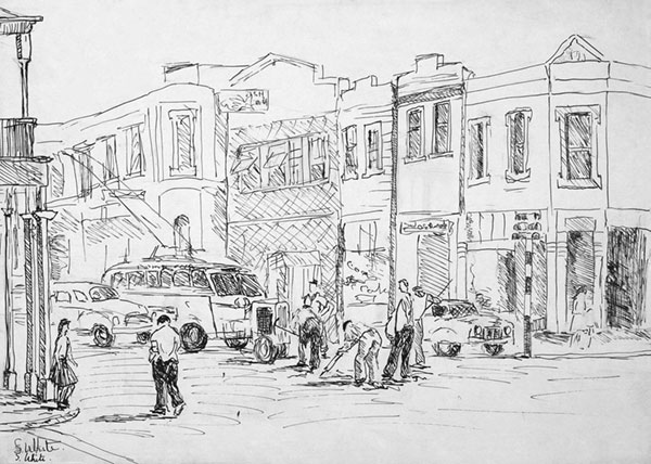 Men Working and Trolleybus, Hindley Street, Adelaide by Susan Dorothea White