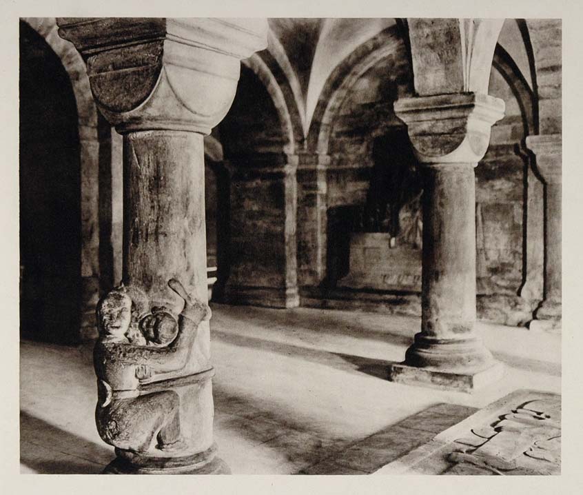 Lund Cathedral, carving of female sculptor with child, climbing pillar by  Susan D White